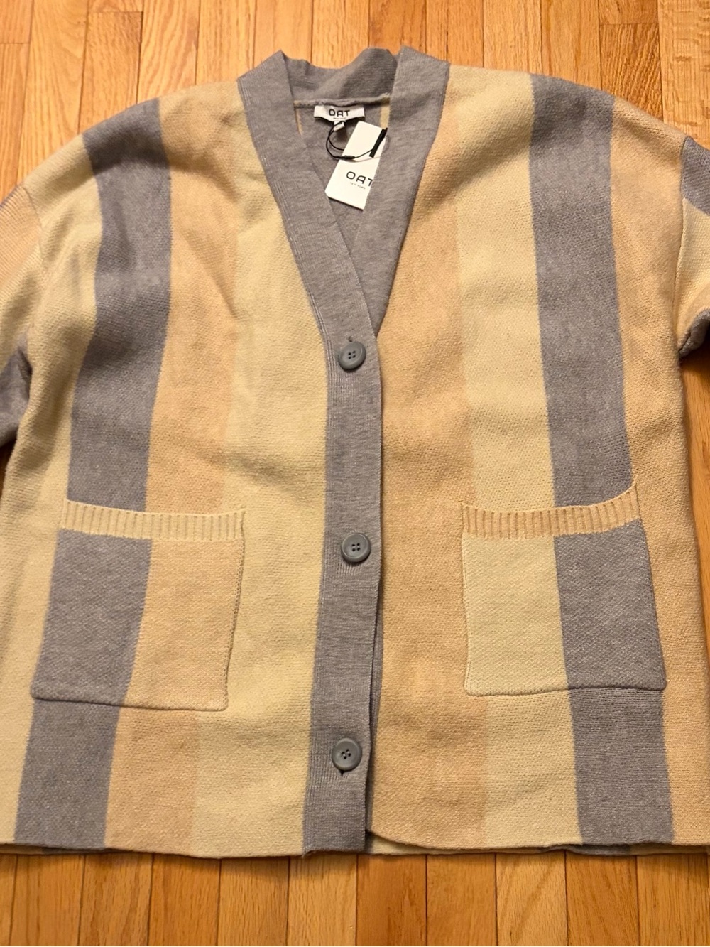 OAT NY Striped V-Neck Cardigan Sweater - Neutral Beige & Gray